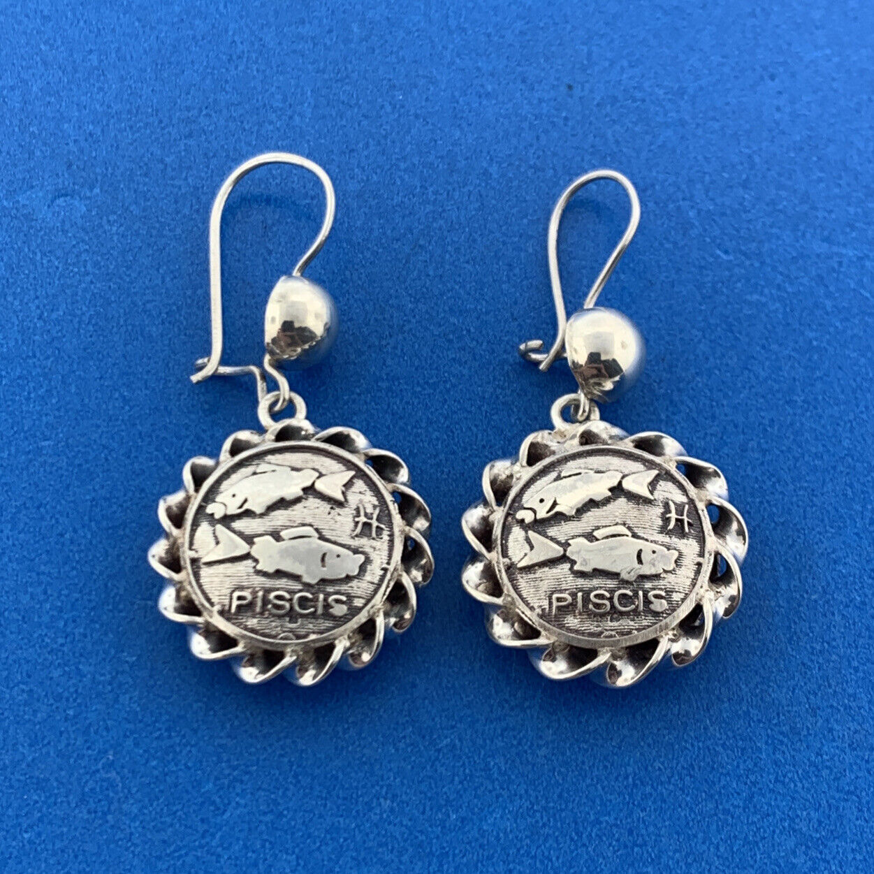 Mid Century Mexico 925 Sterling Silver Piscis Astronomy Drop Dangle Earrings