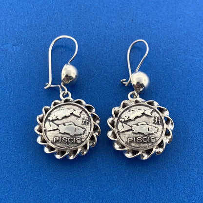 Mid Century Mexico 925 Sterling Silver Piscis Astronomy Drop Dangle Earrings