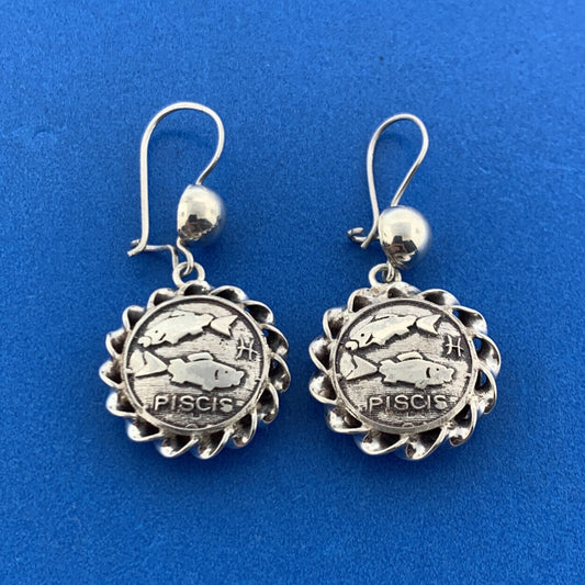 Mid Century Mexico 925 Sterling Silver Piscis Astronomy Drop Dangle Earrings