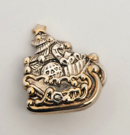 Vintage Silver Gold Tone Santa & Sled Brooch/Pendant Clip Earrings 3 Pc Set