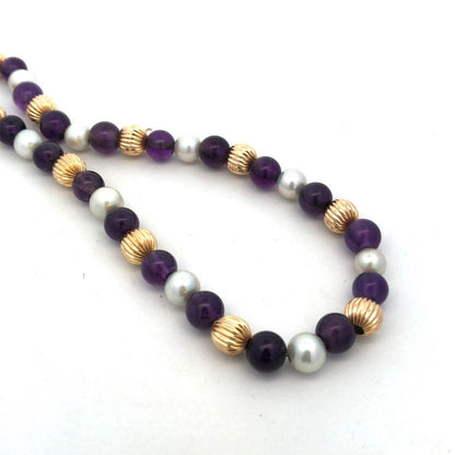 Estate 14K Yellow Gold Round White Pearl Purple Amethyst Beaded Necklace
