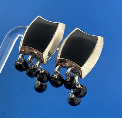 Designer Barse 925 Sterling Silver Black Onyx Cabochon Beaded Clip-On Earrings