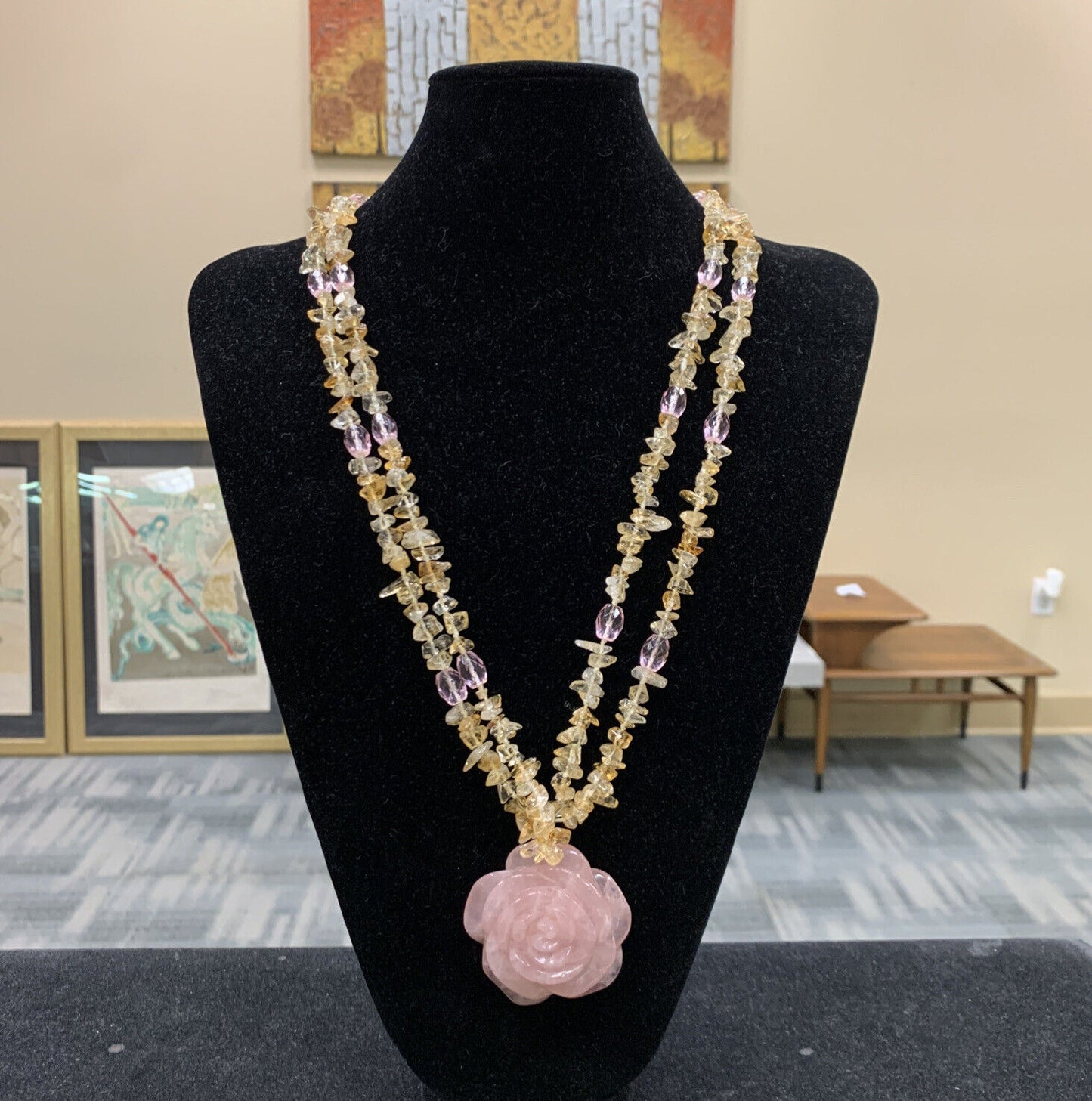 Silver Tone Carved Rose Quartz Flower Chunky Citrine Healing Statement Necklace