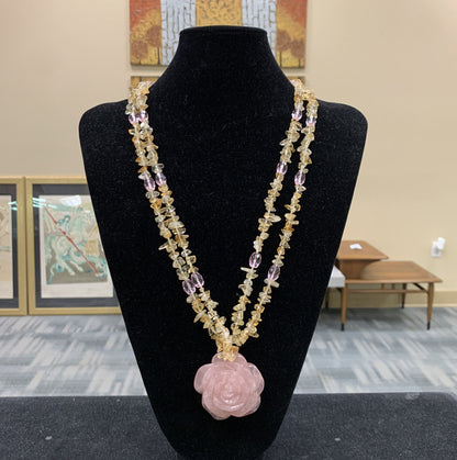 Silver Tone Carved Rose Quartz Flower Chunky Citrine Healing Statement Necklace