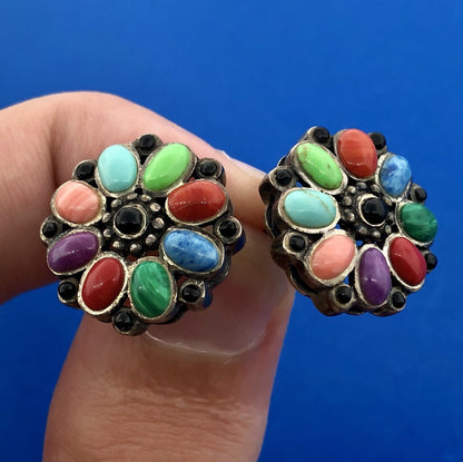 Vintage Sterling Silver 925 Multi Gem Floral Pinwheel Statement Stud Earrings