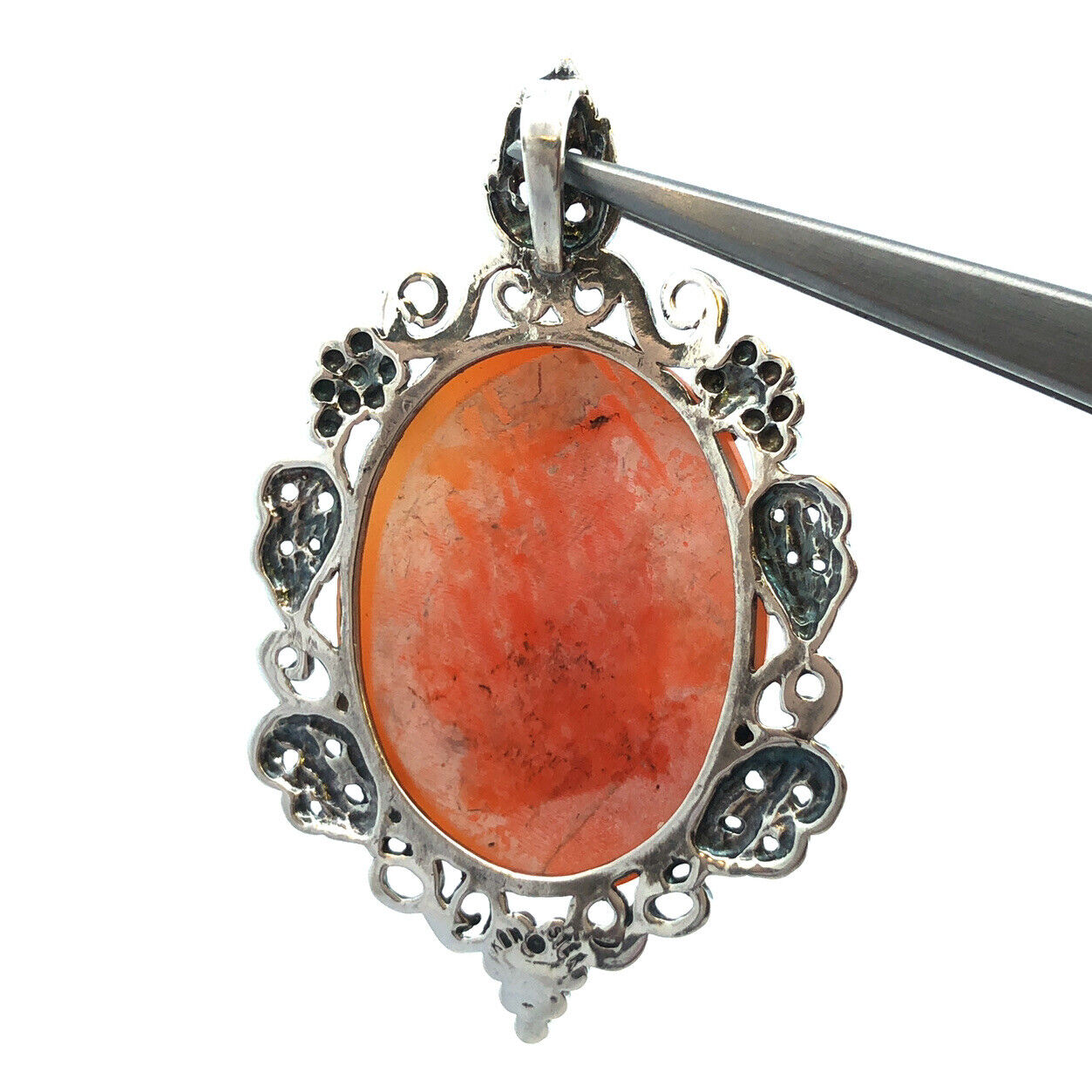 Estate Kabana 925 Sterling Silver Oval Cameo Vines And Grapes Statement Pendant