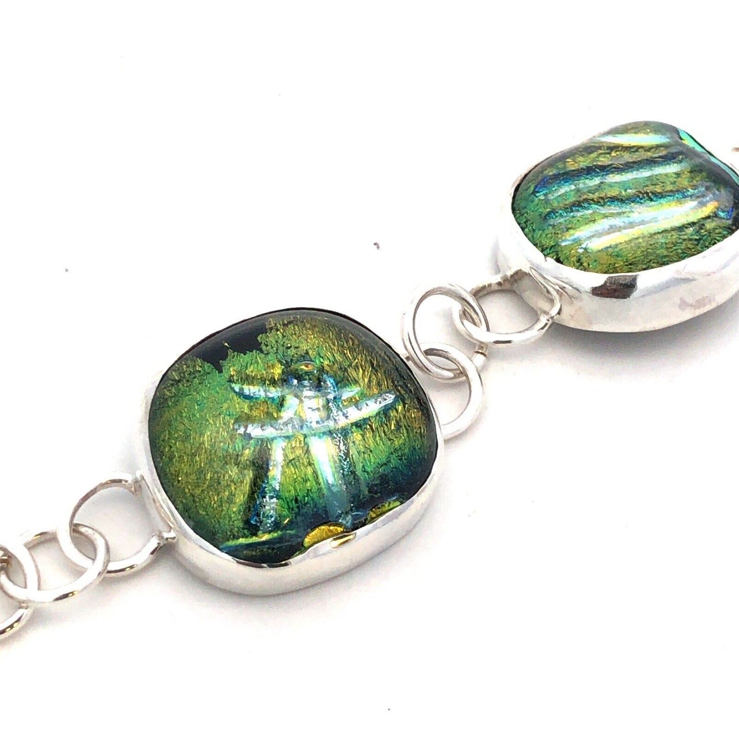 Artisan Sterling Silver Green Dichroic Glass Statement Toggle Bracelet