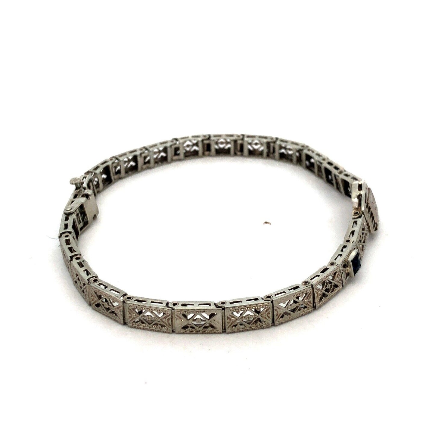 Vintage Art Deco 10K White Gold Diamond Sapphire Filigree Panel Tennis Bracelet