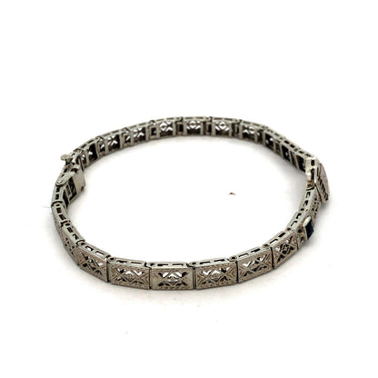 Vintage Art Deco 10K White Gold Diamond Sapphire Filigree Panel Tennis Bracelet