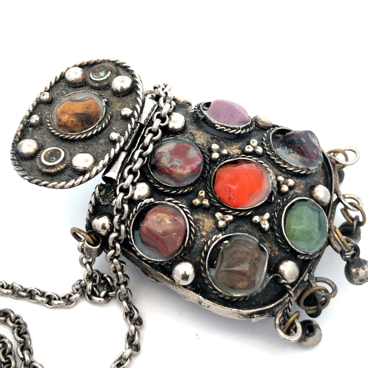 Vintage Sajai Metal Mixed Gemstone Silver Tone Prayer Box Coin Purse Necklace