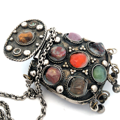 Vintage Sajai Metal Mixed Gemstone Silver Tone Prayer Box Coin Purse Necklace