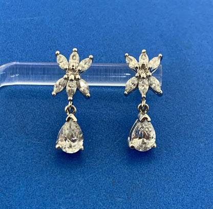 Designer 925 Sterling Silver Cubic Zirconia Flower Cluster Drop Dangle Earrings