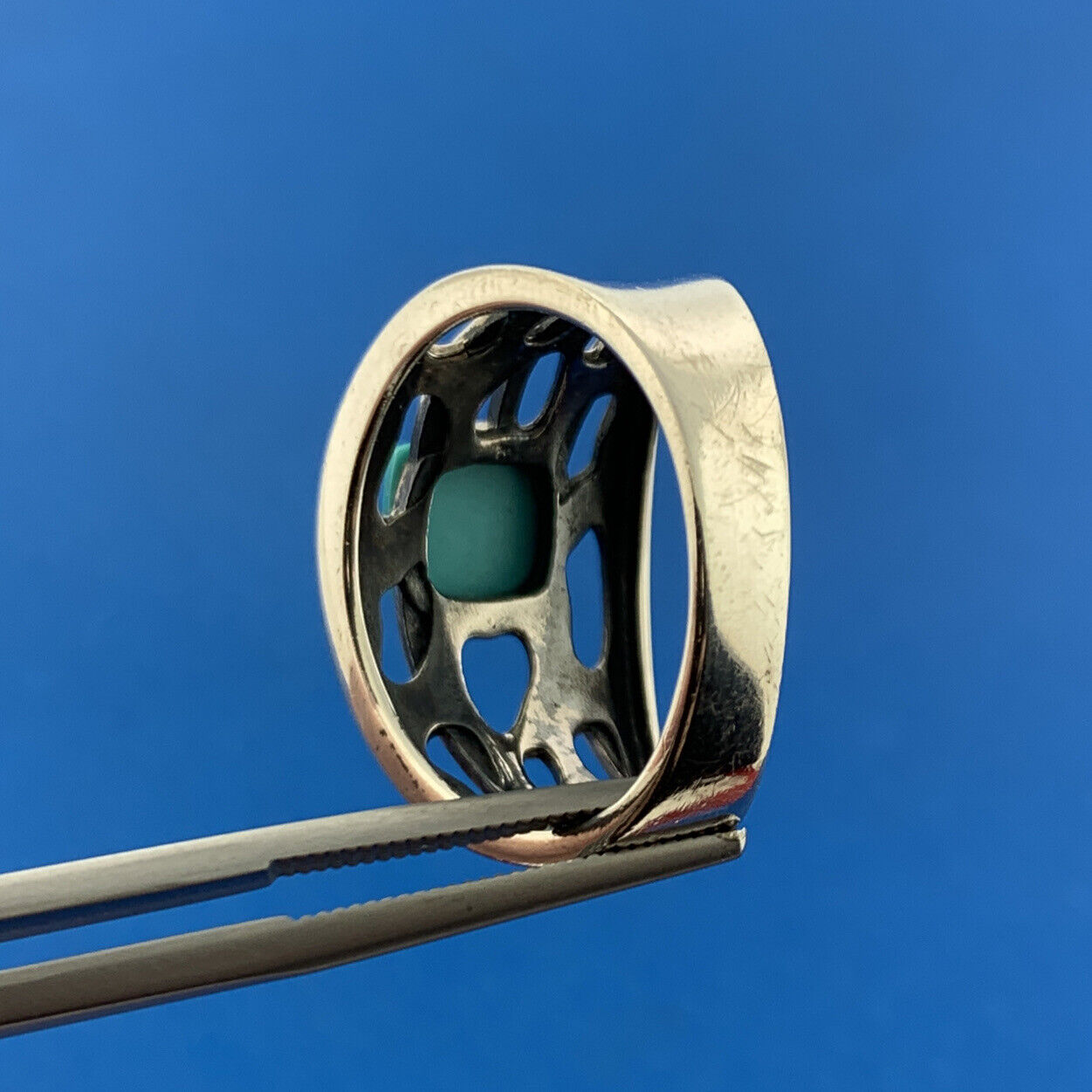 Designer DK Sterling Silver 925 Cabochon Square Blue Turquoise Ring Size 10