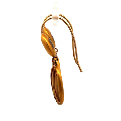 Estate 14K Yellow Gold Burnished Satin Finish Abstract Scarab Dangle Earrings