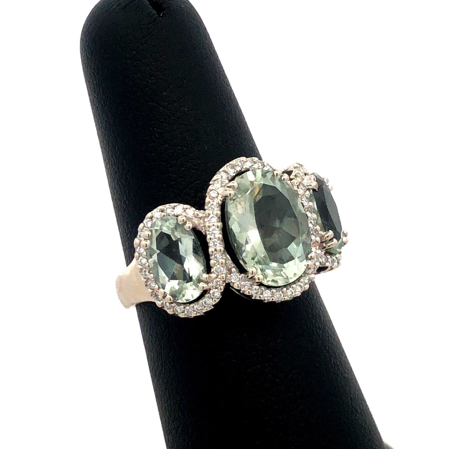 Designer SGC 14K White Gold Oval Green Amethyst Trio Diamond Halo Statement Ring