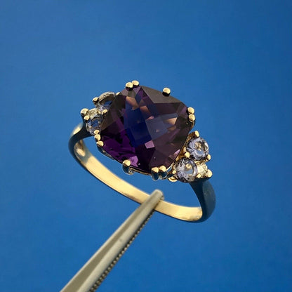 Designer 14K Yellow Gold Amethyst Tanzanite Diamond February Anniversary Ring