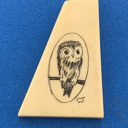 Signed CJ 925 Sterling Silver Scrimshaw Owl Wisdom Patience Trapezoid Pendant