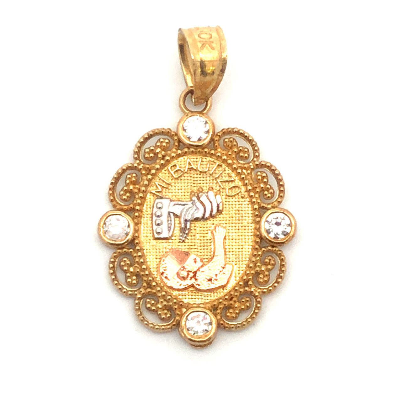 10K Tri Gold White Topaz Mi Bautizo God Bless Baptism Oval Filigree Pendant