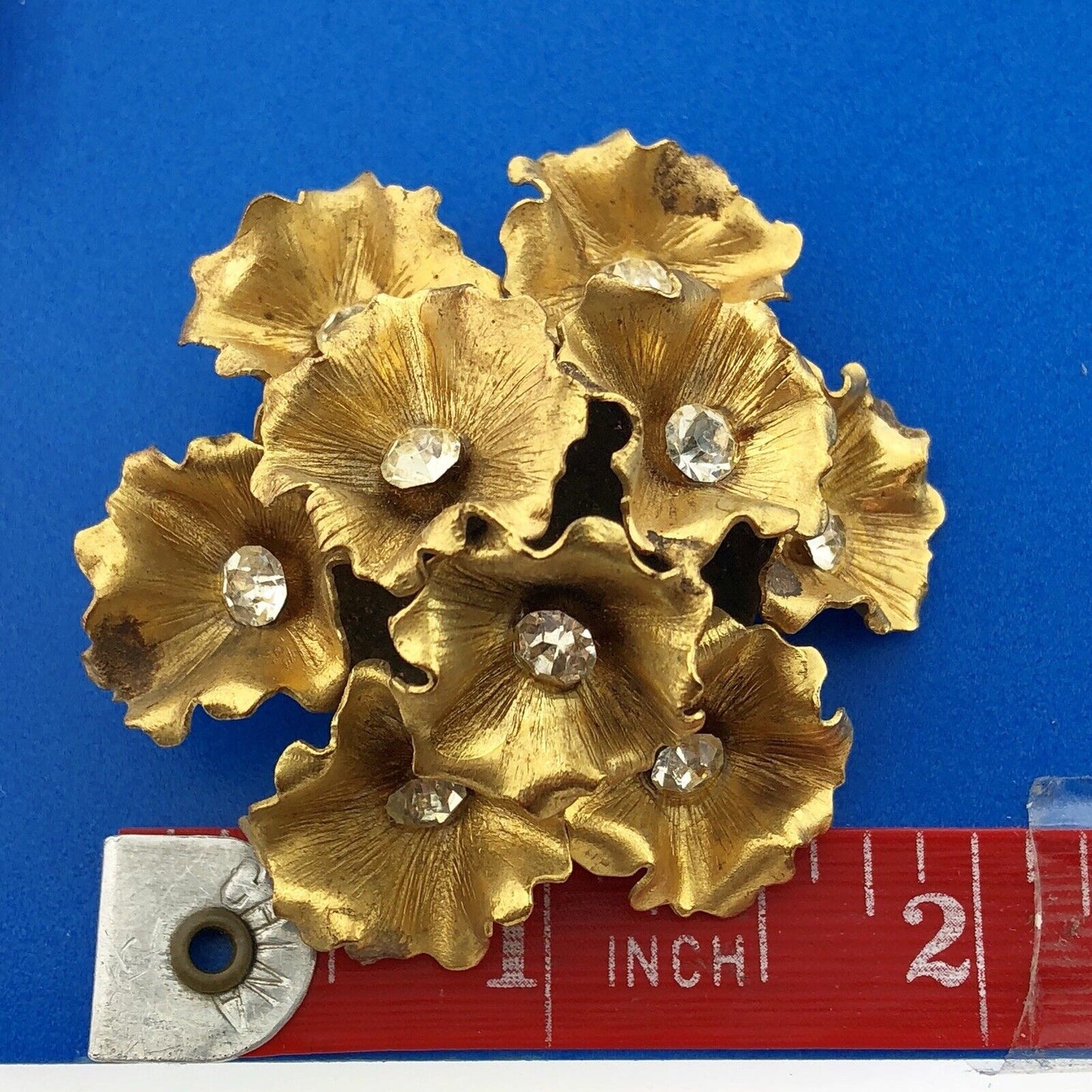 Vintage Gold Tone 3D Rhinestone Floral Cluster Statement Runway Clip Earrings