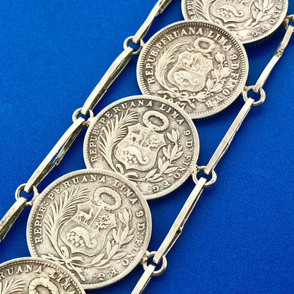Vintage 925 Sterling Silver 900 Fine Peru 1/5 Sol Eight Coin Panel Bracelet