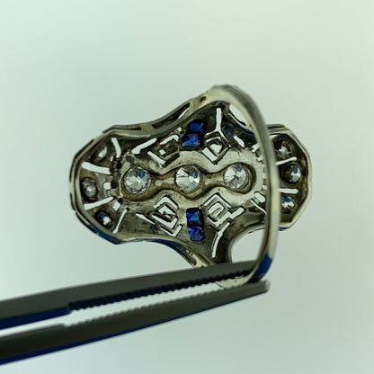 Art Deco Art Nouveau 18K White Gold Diamond Sapphire Filigree Statement Ring