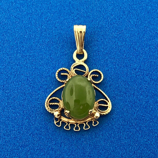 Vintage 14K Yellow Gold Jade Jadeite Oval Cabochon Filigree Drop Pendant