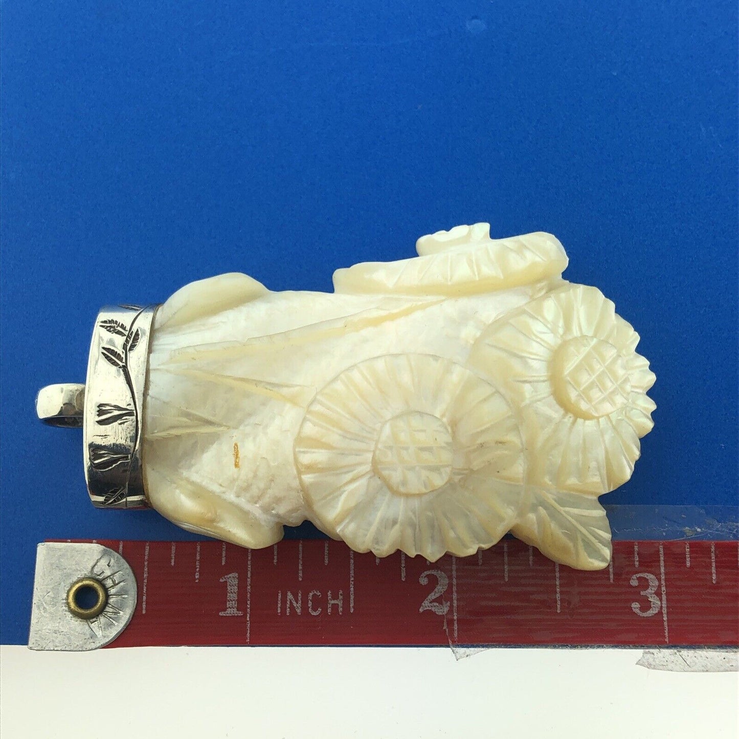 Native American Sterling Silver Hand Carved Mother Of Pearl Statement Pendant