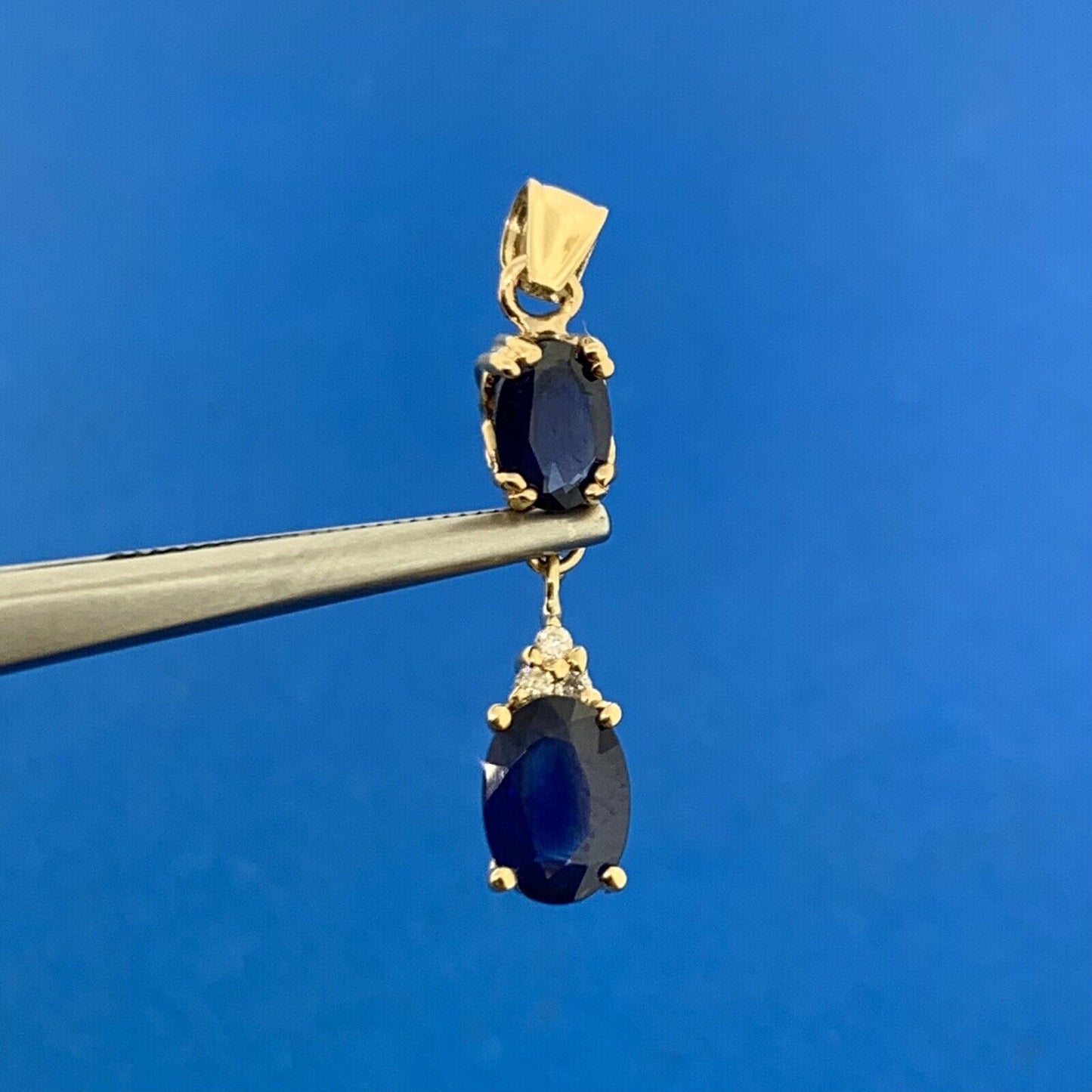Designer 14K Yellow Gold Oval Blue Sapphire Duo Diamond Accented Pendant