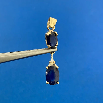 Designer 14K Yellow Gold Oval Blue Sapphire Duo Diamond Accented Pendant