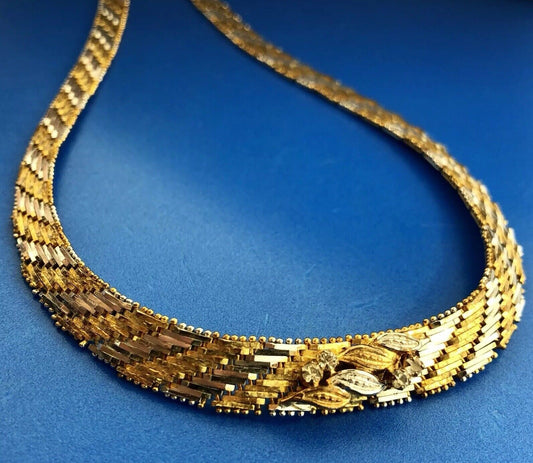 Sterling Silver 925 Diamond Two Tone Textured Weave Link V Necklace