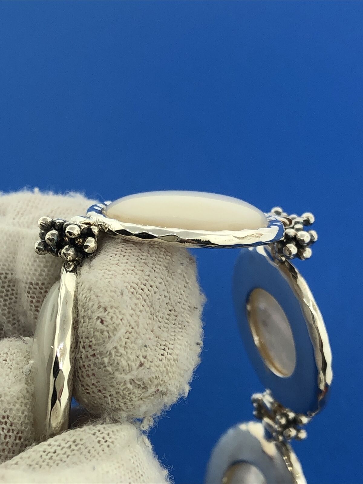 Designer Sterling Silver Mother Of Pearl Disc Panel Statement Toggle Bracelet