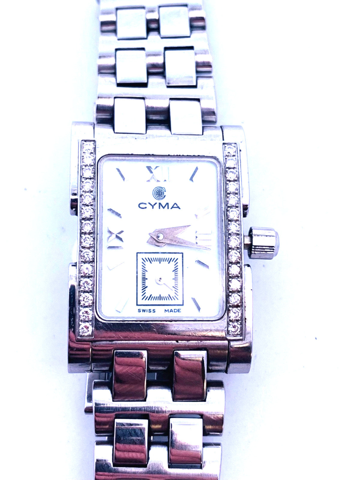Vintage Cyma Le Locle Stainless Steel Mother Of Pearl Dial Diamond Accent Watch