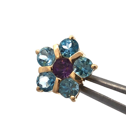 Estate 14K Yellow Gold Blue Topaz Amethyst Flower Statement Stud Earrings