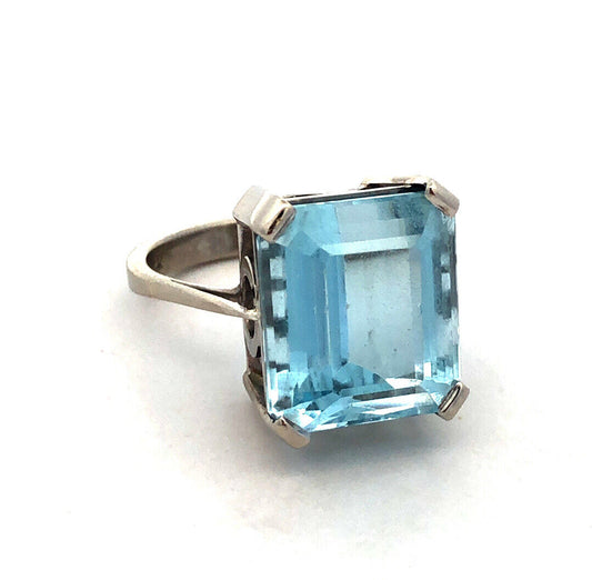 14K White Gold Large Emerald Cut Blue Topaz Solitaire Statement Ring