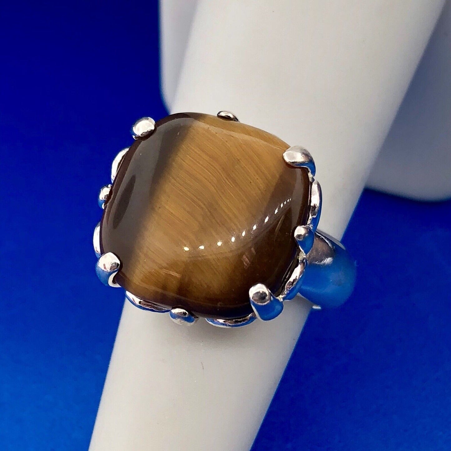 Designer 925 Sterling Silver Square Tigers Eye Fleur De Lis Statement Ring