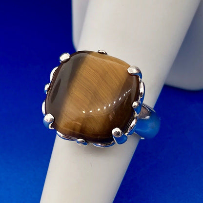 Designer 925 Sterling Silver Square Tigers Eye Fleur De Lis Statement Ring