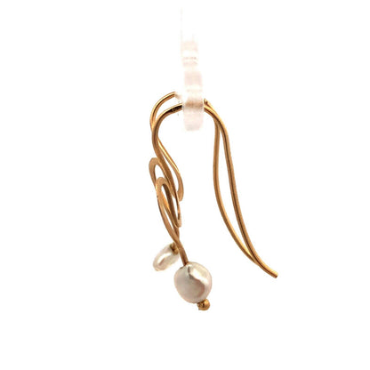 Estate 14K Yellow Gold Pearl Swirl Dangle Drop Modernist Hook Earrings