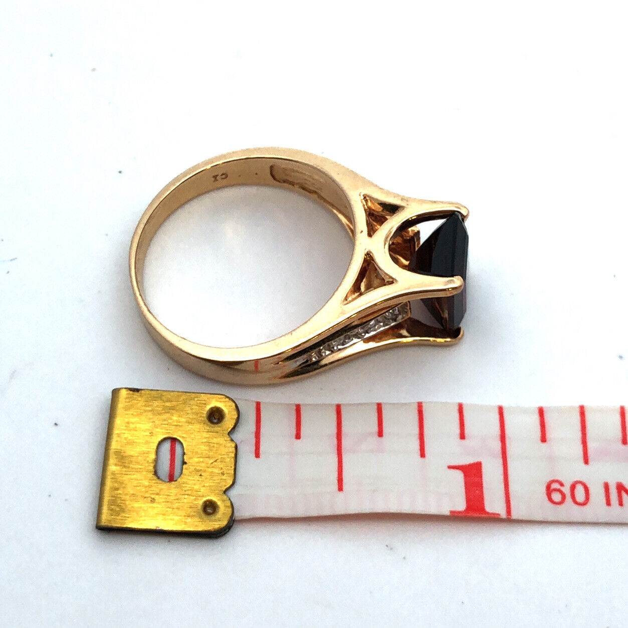 Designer 14K Yellow Gold Emerald Cut Garnet Round Diamond Accent Cocktail Ring