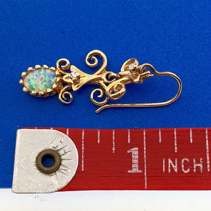 Art Deco Art Nouveau 14K Yellow Gold Opal Diamond Scroll Drop Dangle Earrings