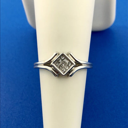 Modernist 14K White Gold Diamond Tension Set Princess Engagement Promise Ring