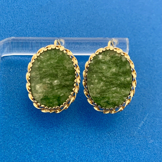 Vintage 14K Yellow Gold Green Jasper Cabochon Statement Stud Earrings