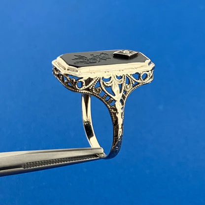 14k White Gold Etched Floral Black Onyx Diamond Art Deco Finger Size 6.75 Ring