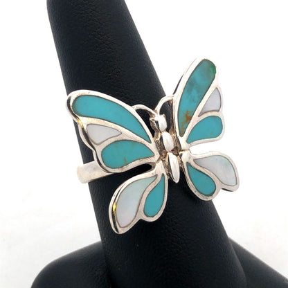 Designer K 925 Sterling Silver Turquoise Mother of Pearl Inlay Butterfly Ring