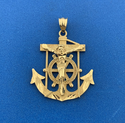 Designer 10K Yellow Gold Mariners Cross Crucifix Anchor Statement Pendant