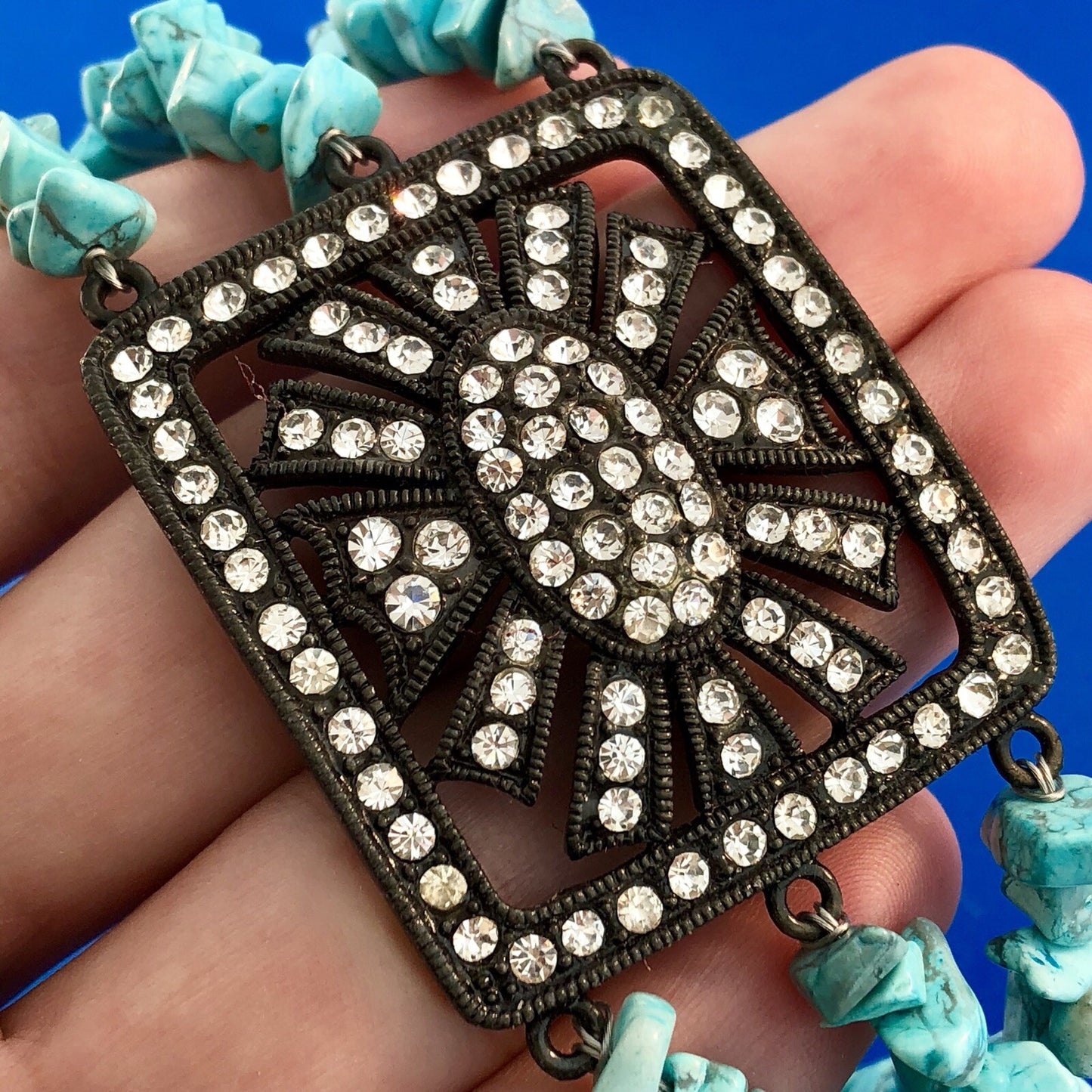 Dark Tone Metal Faux Turquoise Rhinestone Glass Three Strand Statement Bracelet
