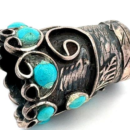 Vintage Taxco Mexico 925 Sterling Silver Turquoise Vines Scroll Thimble