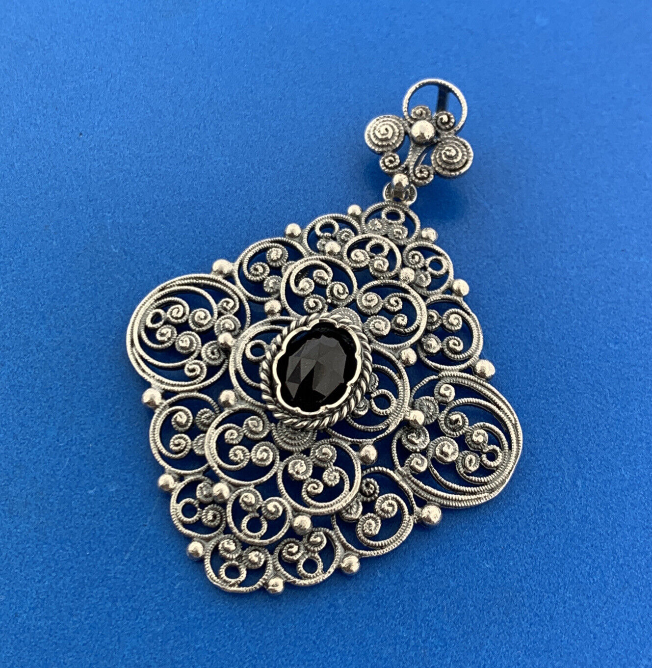 Designer Austria Sterling Silver Garnet Filigree Beaded Scroll Statement Pendant