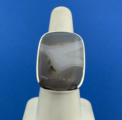 Retro 925 Sterling Silver Rectangle Banded Agate Statement Cocktail Ring