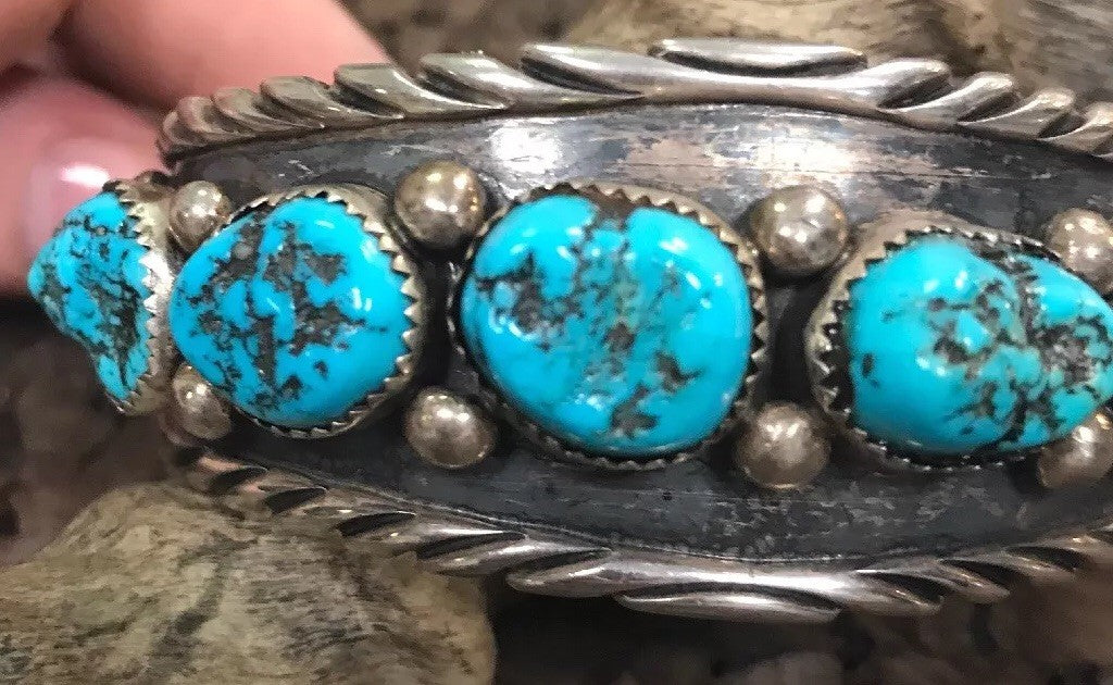 Navajo Clem Nalwood Sterling Silver 925 Turquoise Nugget Statement Cuff Bracelet