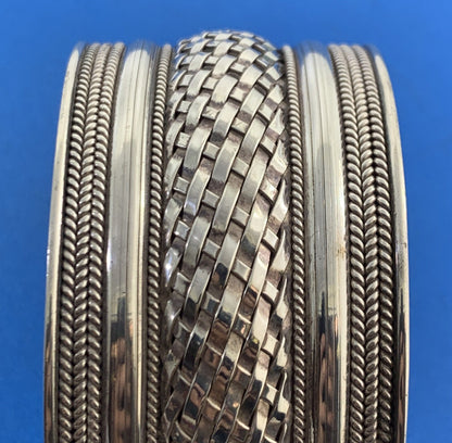 Sterling Silver 925 Basket Weave Ribbed Polished Wide Statement Cuff Bracelet